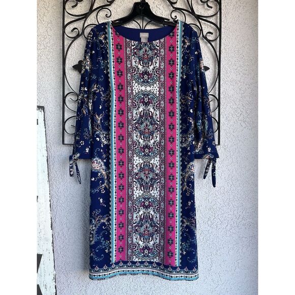 Chico’s Medallion Print Tie Sleeve Dress - Size 1= Medium Or 8 - Multicolored - Picture 3 of 11